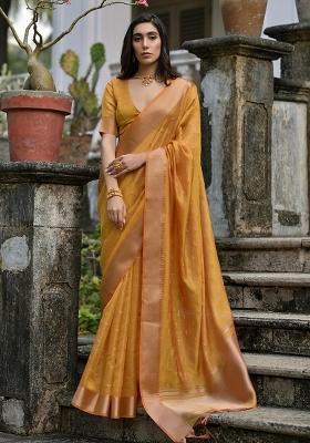 Yellow Zari Weaving Silk Blend Saree Set