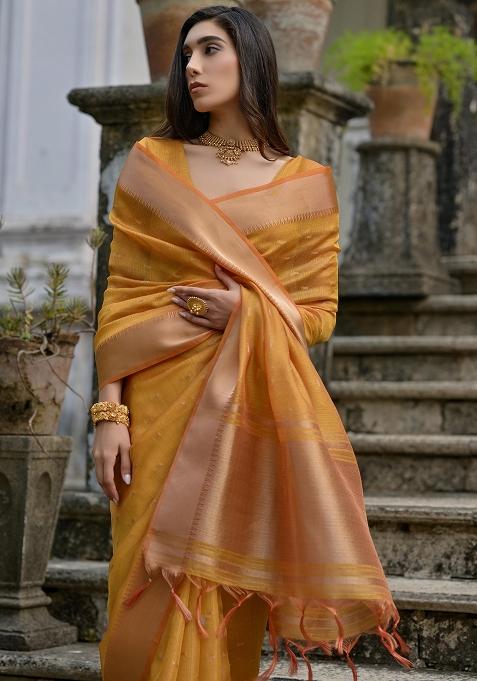 Yellow Zari Weaving Silk Saree Set