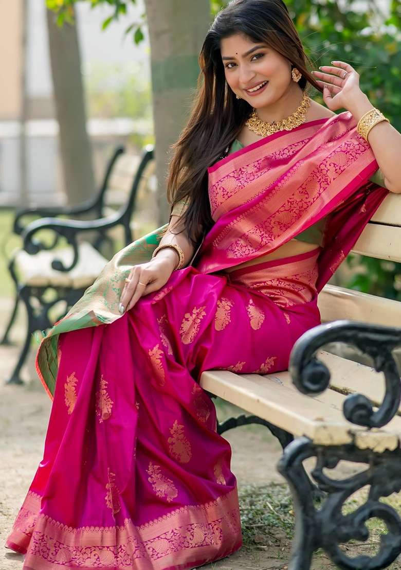 Pink Zari Weaving Blend Banarasi Silk Saree Set for Diwali | Wedding & Festive Wear - Indya