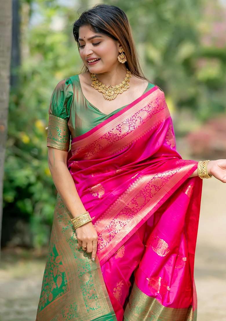 Pink Zari Weaving Blend Banarasi Silk Saree Set for Diwali | Wedding & Festive Wear - Indya