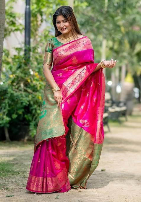 Pink Zari Weaving Banarasi Silk Saree Set