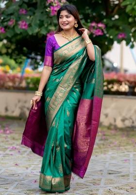 Bottle Green And Purple Zari Weaving Banarasi Silk Saree Set