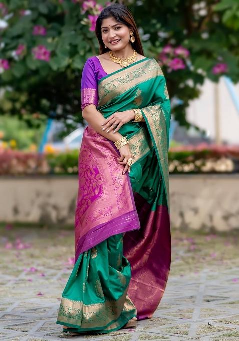 Bottle Green And Purple Zari Weaving Banarasi Silk Saree Set