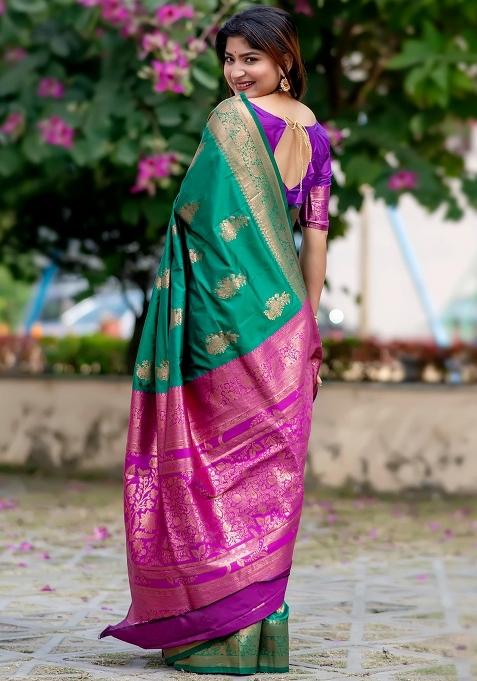 Bottle Green And Purple Zari Weaving Banarasi Silk Saree Set