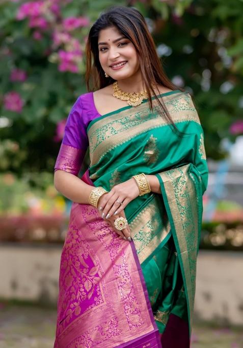 Bottle Green And Purple Zari Weaving Banarasi Silk Saree Set