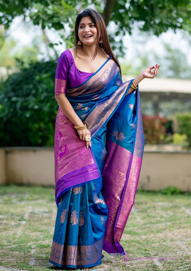 Blue And Purple Zari Weaving Banarasi Silk Saree Set