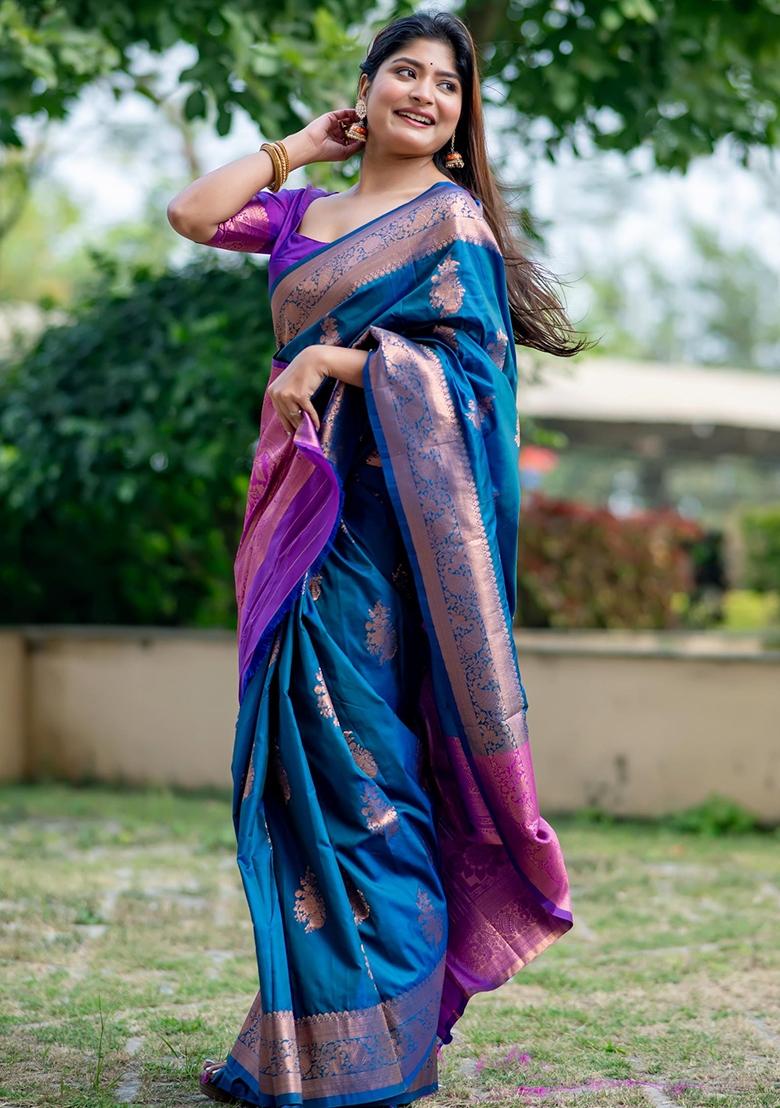 Blue And Purple Zari Weaving Banarasi Silk Saree Set