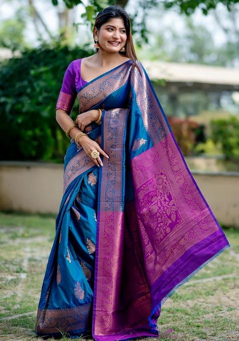 Blue And Purple Zari Weaving Banarasi Silk Saree Set