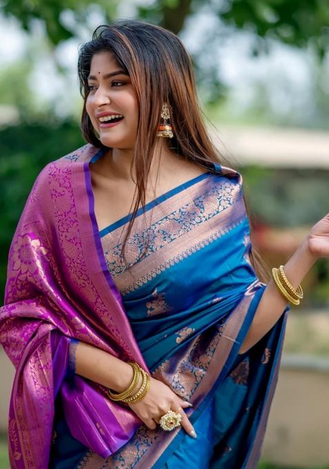 Blue And Purple Zari Weaving Banarasi Silk Saree Set
