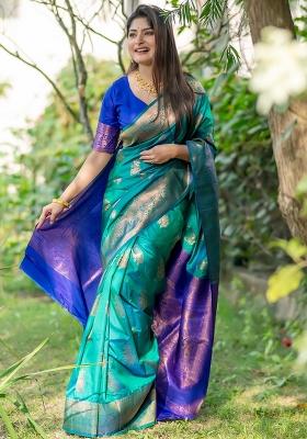 Blue And Green Zari Weaving Banarasi Silk Blend Saree Set