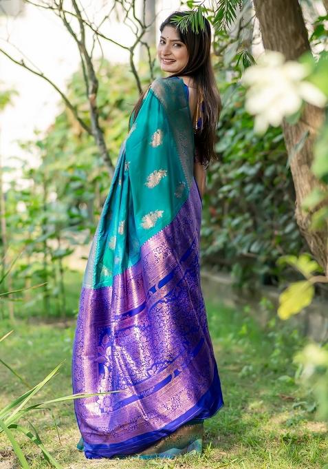 Blue And Green Zari Weaving Banarasi Silk Saree Set