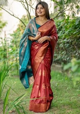 Brown And Teal Green Zari Weaving Banarasi Silk Saree Set