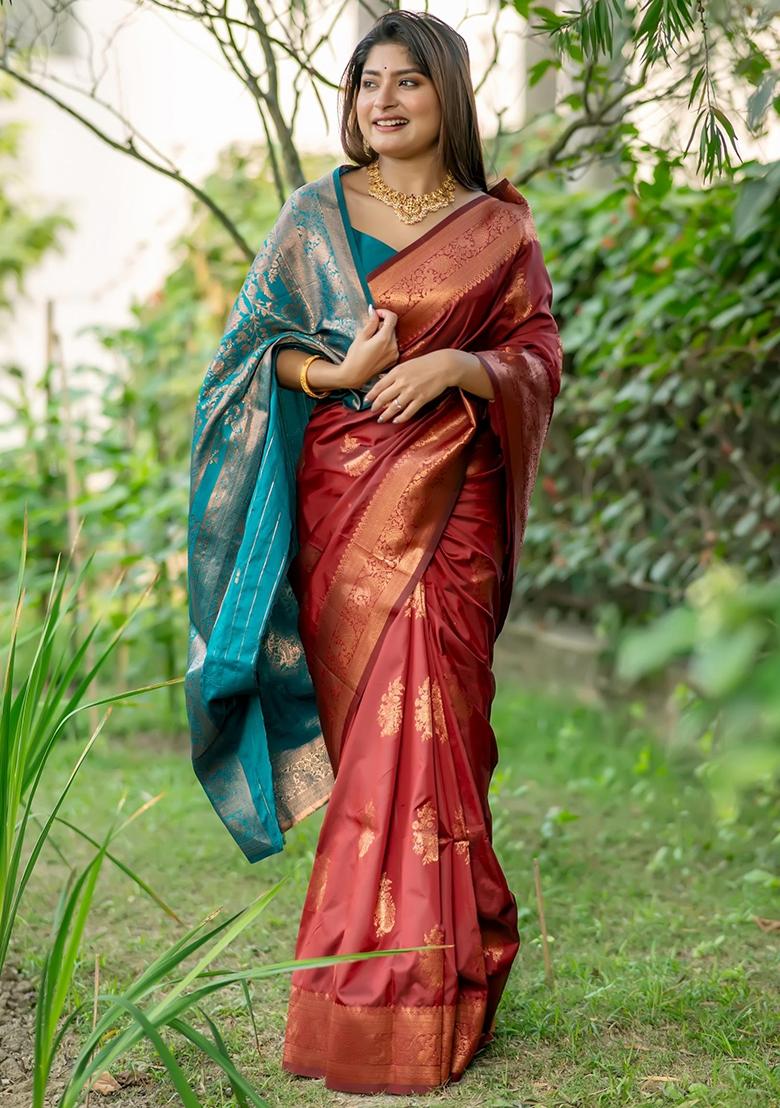 Brown And Teal Green Zari Weaving Banarasi Silk Saree Set
