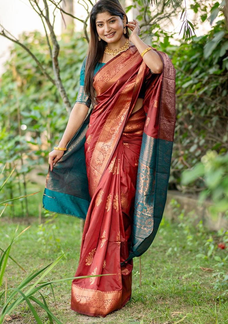 Brown And Teal Green Zari Weaving Banarasi Silk Saree Set