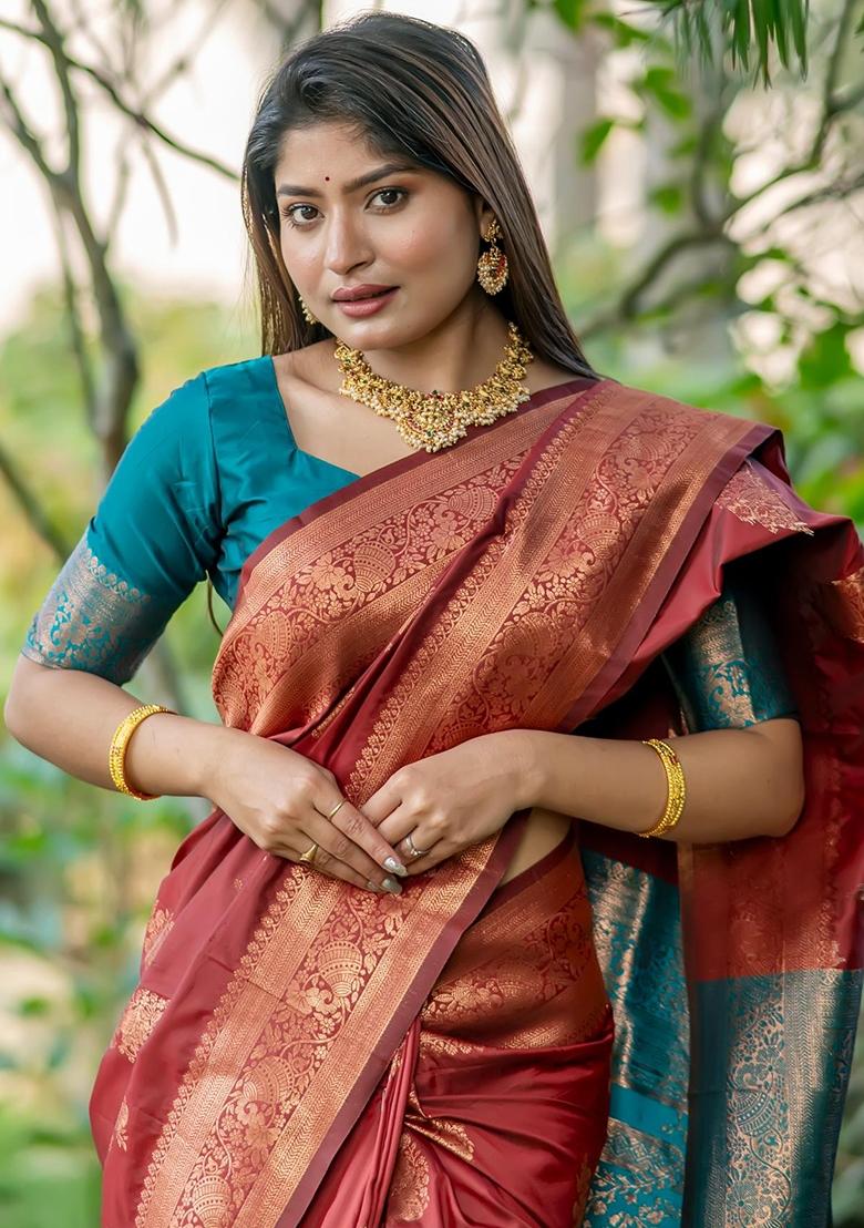 Brown And Teal Green Zari Weaving Banarasi Silk Saree Set