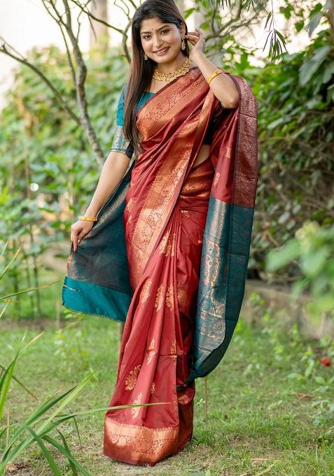 Brown And Teal Green Zari Weaving Banarasi Silk Saree Set