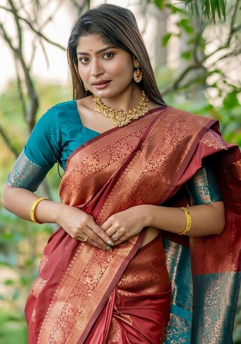 Brown And Teal Green Zari Weaving Banarasi Silk Saree Set