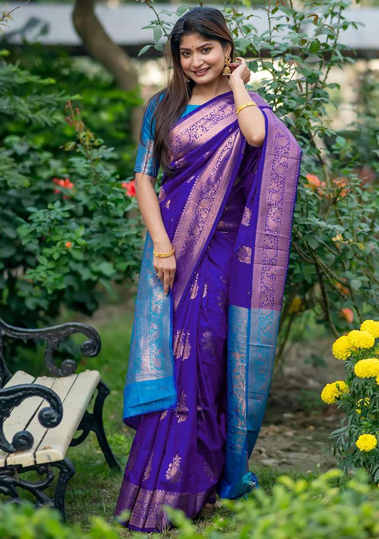 Brown And Sky Blue Zari Weaving Banarasi Silk Blend Saree Set for Diwali and Festive Wear - Indya