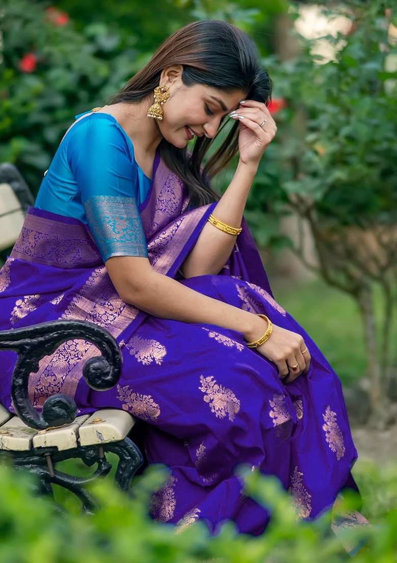 Brown And Sky Blue Zari Weaving Banarasi Silk Blend Saree Set for Diwali and Festive Wear - Indya