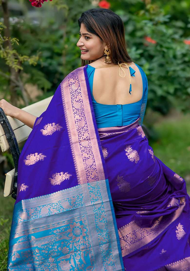 Brown And Sky Blue Zari Weaving Banarasi Silk Blend Saree Set for Diwali and Festive Wear - Indya