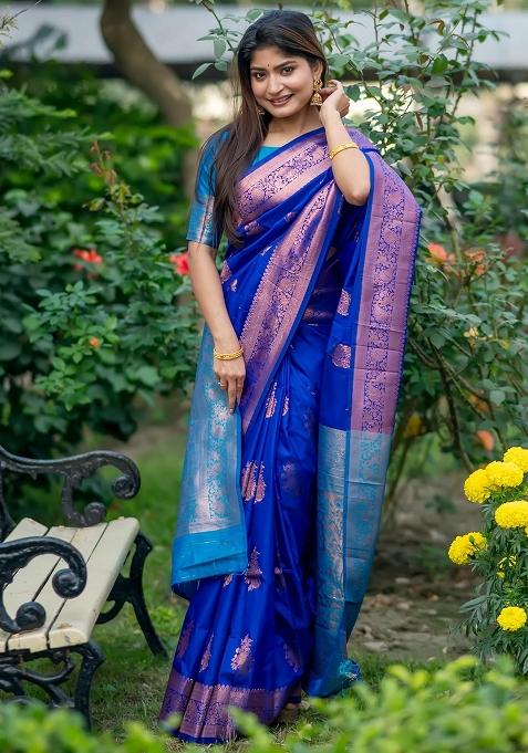 Brown And Sky Blue Zari Weaving Banarasi Silk Saree Set