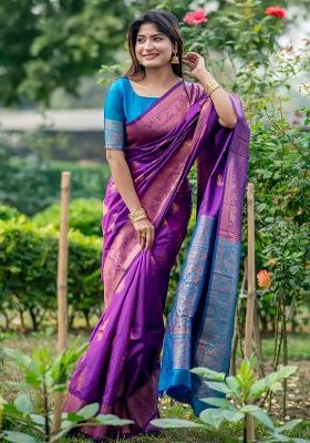 Purple Zari Weaving Banarasi Silk Blend Saree Set