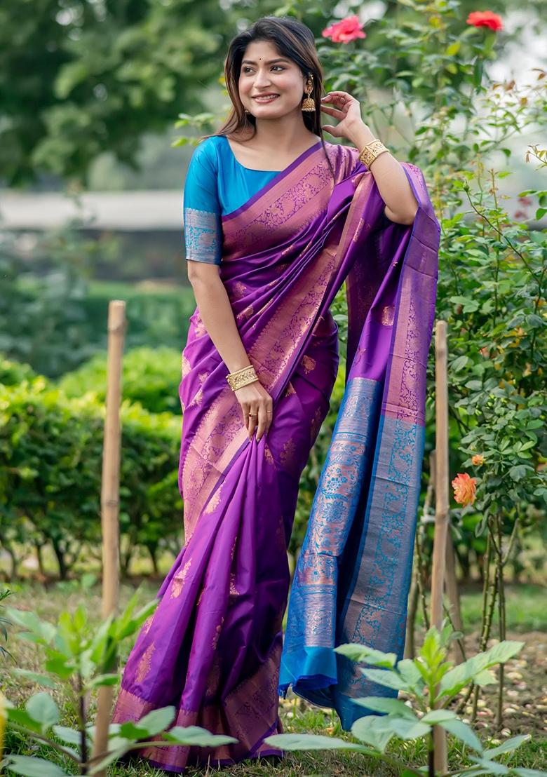 Purple Zari Weaving Banarasi Silk Saree Set
