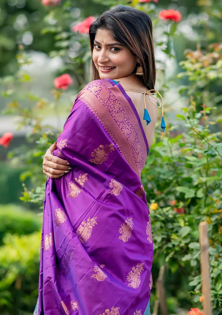 Purple Zari Weaving Banarasi Silk Saree Set