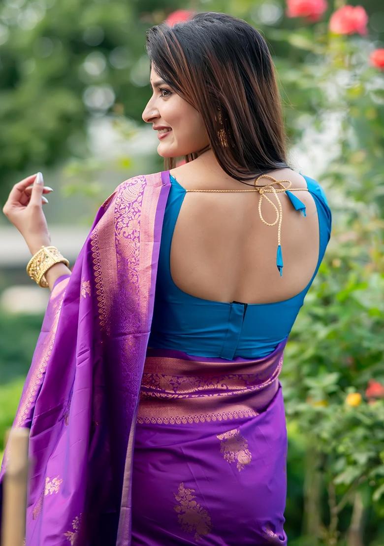 Purple Zari Weaving Banarasi Silk Saree Set