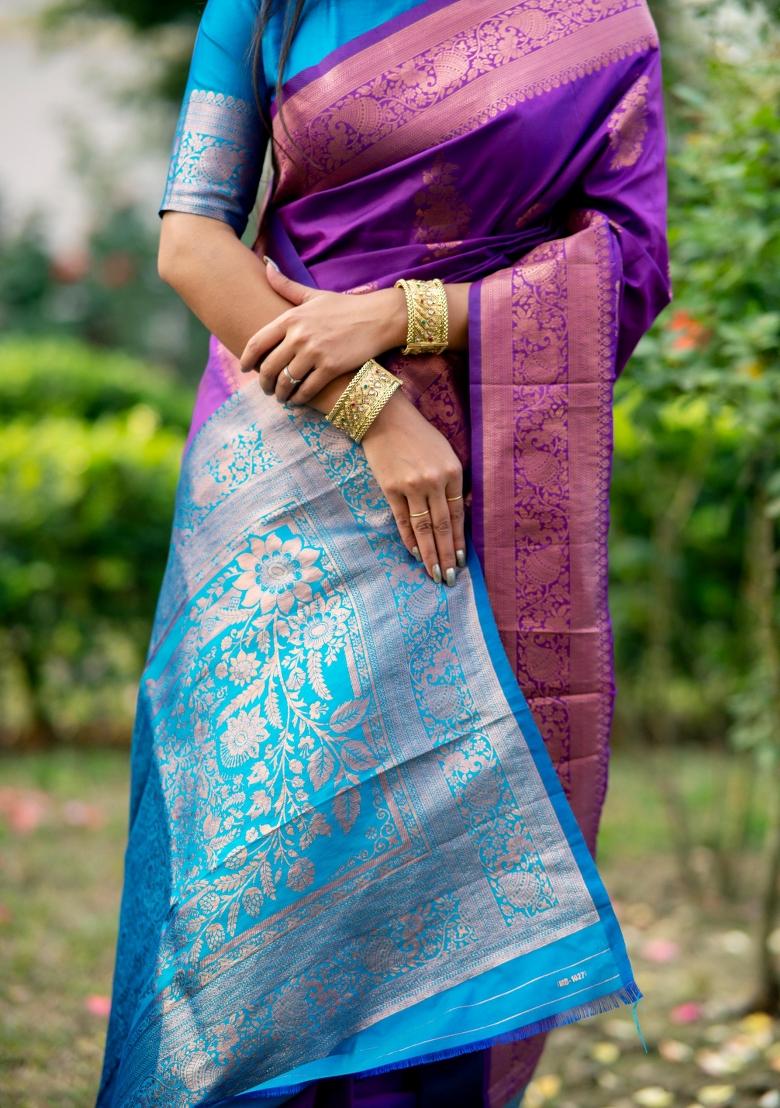 Purple Zari Weaving Banarasi Silk Saree Set