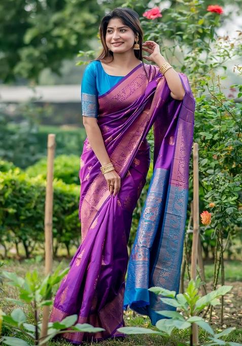 Purple Zari Weaving Banarasi Silk Saree Set