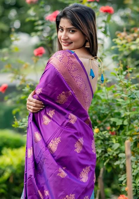 Purple Zari Weaving Banarasi Silk Saree Set