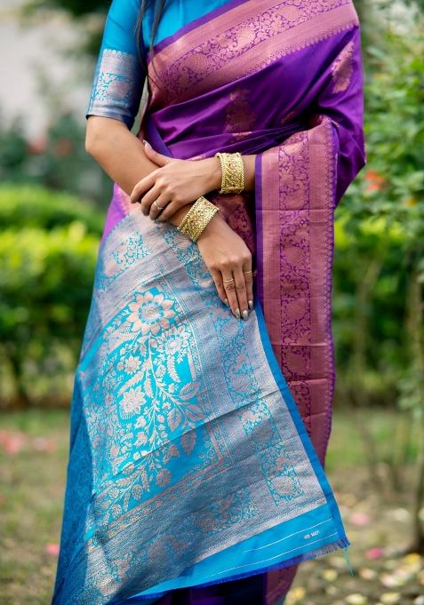 Purple Zari Weaving Banarasi Silk Saree Set