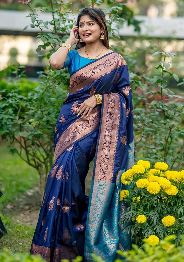 Navy Sky Blue Zari Weaving Banarasi Silk Blend Saree Set for Diwali and Festive Wear - Indya