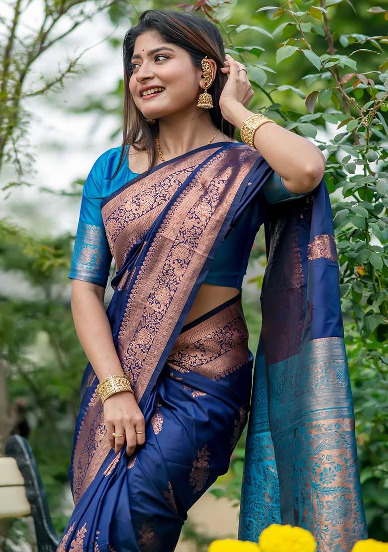 Navy Sky Blue Zari Weaving Banarasi Silk Blend Saree Set for Diwali and Festive Wear - Indya