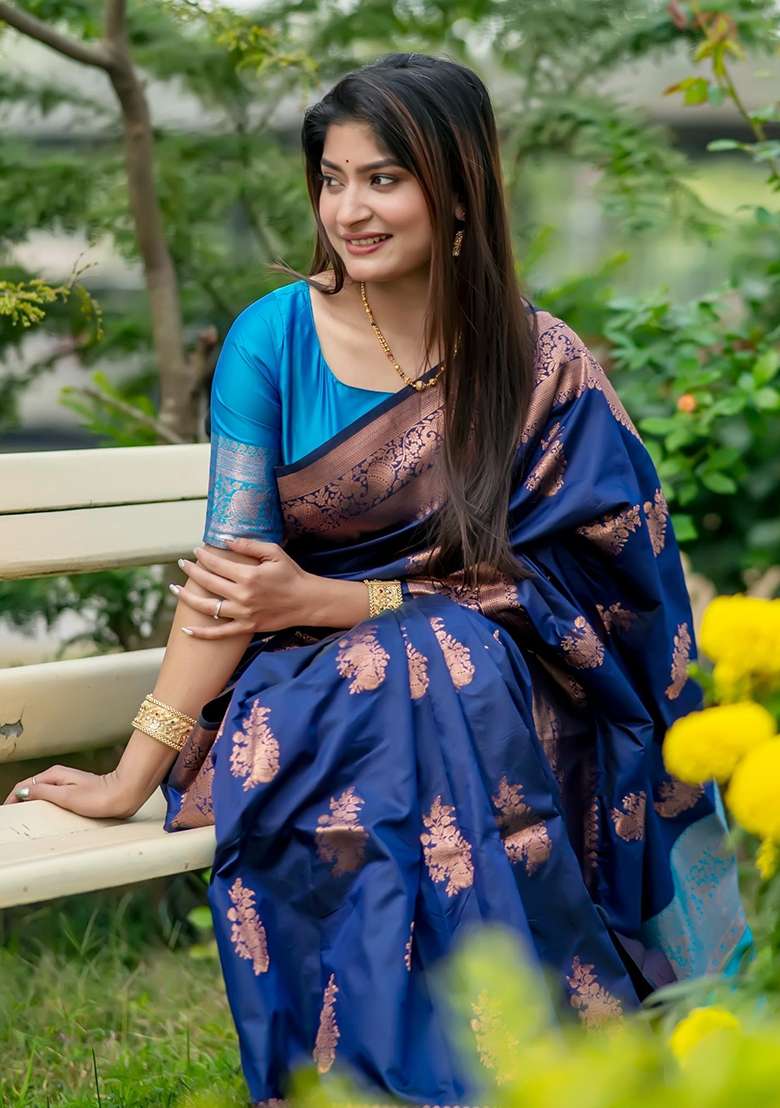 Navy Sky Blue Zari Weaving Banarasi Silk Blend Saree Set for Diwali and Festive Wear - Indya