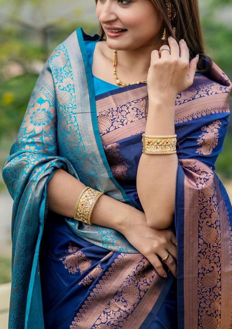 Navy Sky Blue Zari Weaving Banarasi Silk Blend Saree Set for Diwali and Festive Wear - Indya