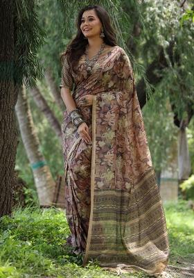 Brown Printed Tussar Silk Saree Set