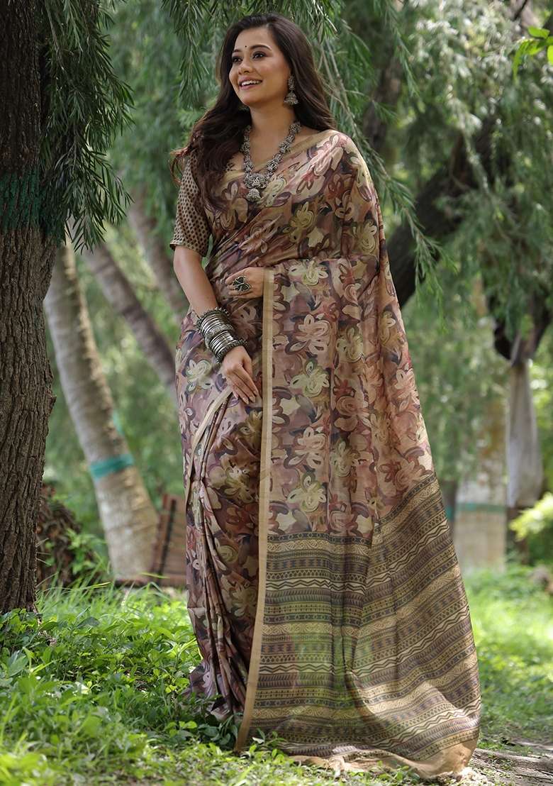 Brown Tussar Silk Blend Saree Set with Printed for Diwali | Wedding & Festive Wear - Indya