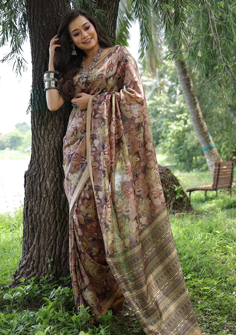 Brown Tussar Silk Blend Saree Set with Printed for Diwali | Wedding & Festive Wear - Indya