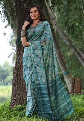 Rama Printed Tussar Silk Blend Saree Set