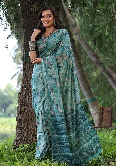 Rama Printed Tussar Silk Saree Set