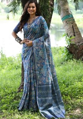 Blue Printed Tussar Silk Saree Set
