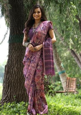 Wine Printed Tussar Silk Saree Set