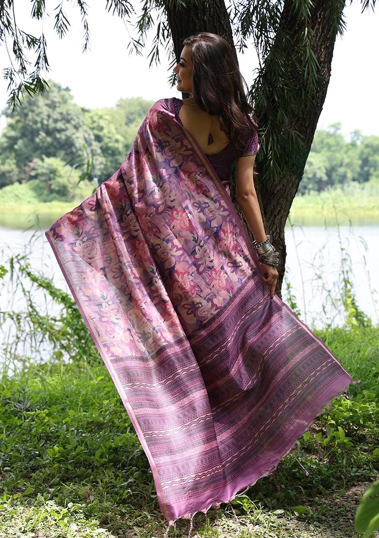 Wine Printed Tussar Silk Saree Set