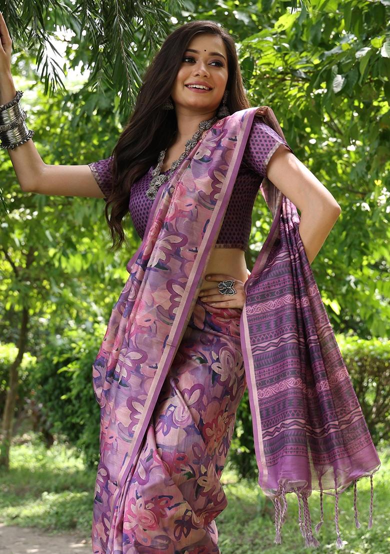 Wine Printed Tussar Silk Saree Set