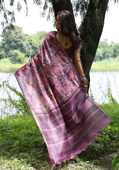 Wine Printed Tussar Silk Saree Set
