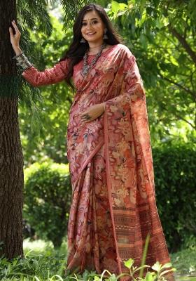 Orange Printed Tussar Silk Saree Set