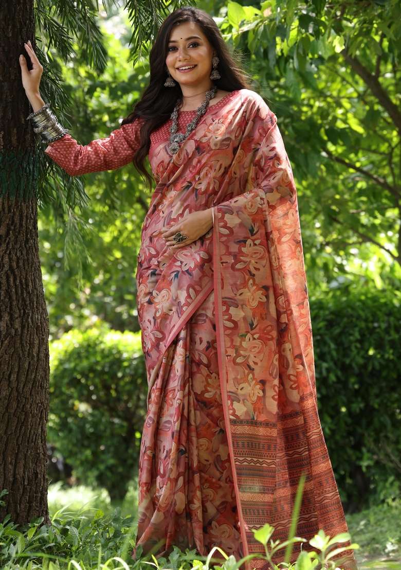 Orange Printed Tussar Silk Blend Saree Set for Diwali and Festive Wear - Indya