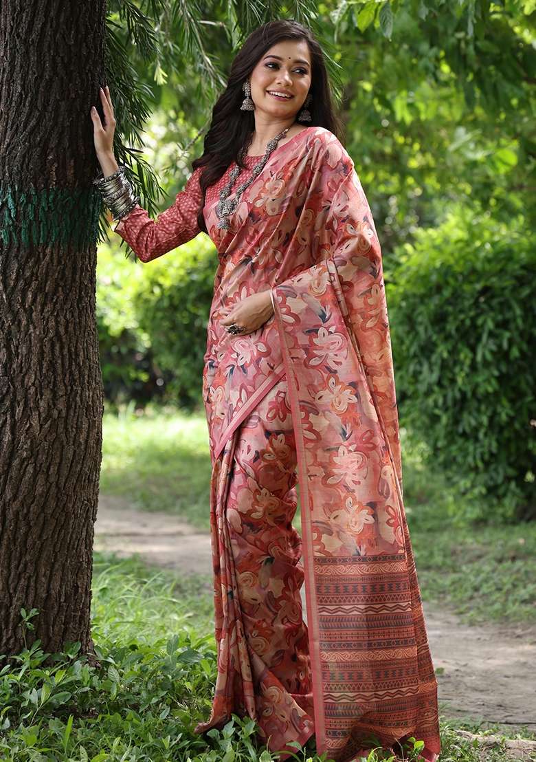 Orange Printed Tussar Silk Blend Saree Set for Diwali and Festive Wear - Indya